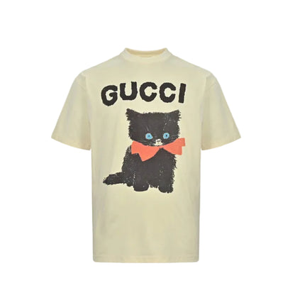 Gucci Butter Yellow Black Kitten Bow Brushstroke Graphic Tee