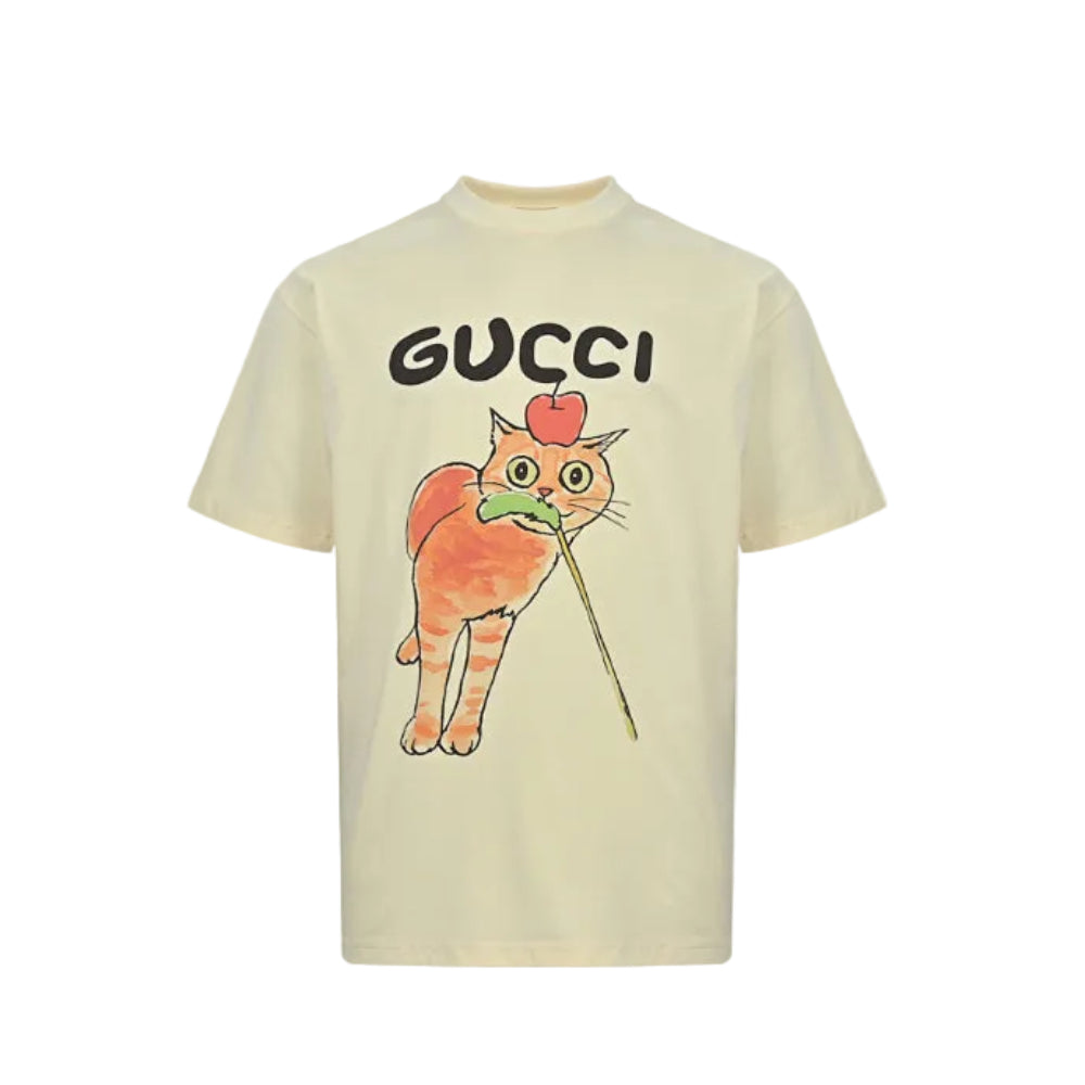 Gucci Butter Yellow Apple Cat Watercolor Graphic Tee