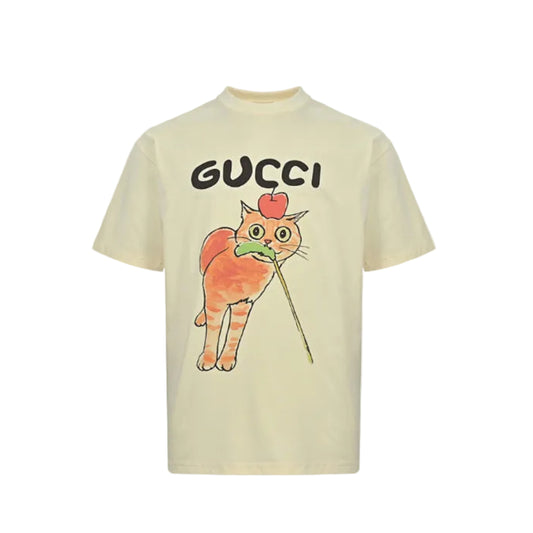 Gucci Butter Yellow Apple Cat Watercolor Graphic Tee