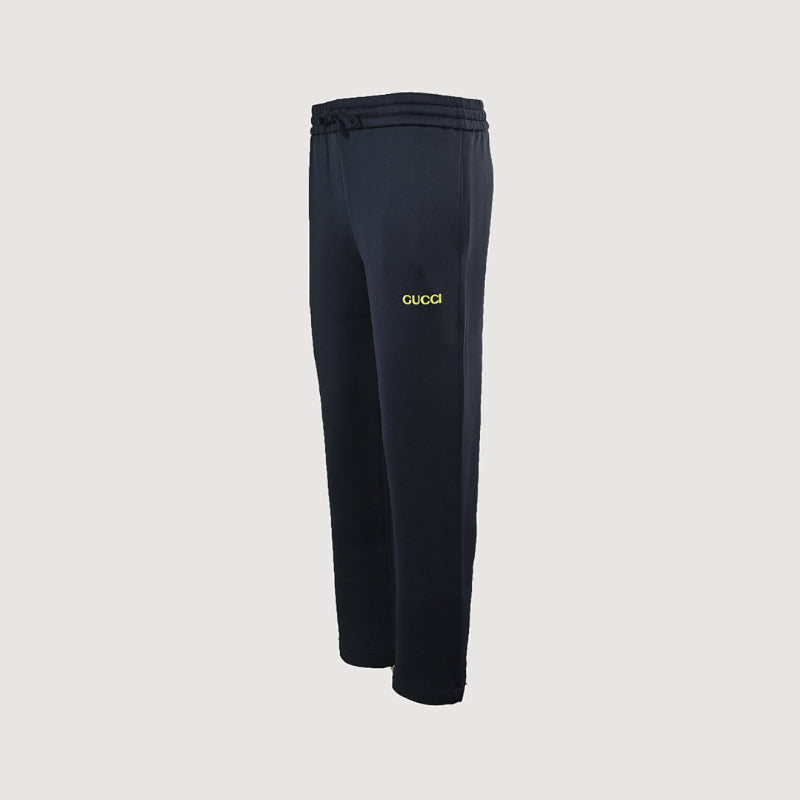 Gucci Navy Knit Jogger Pants with Neon Embroidered Script