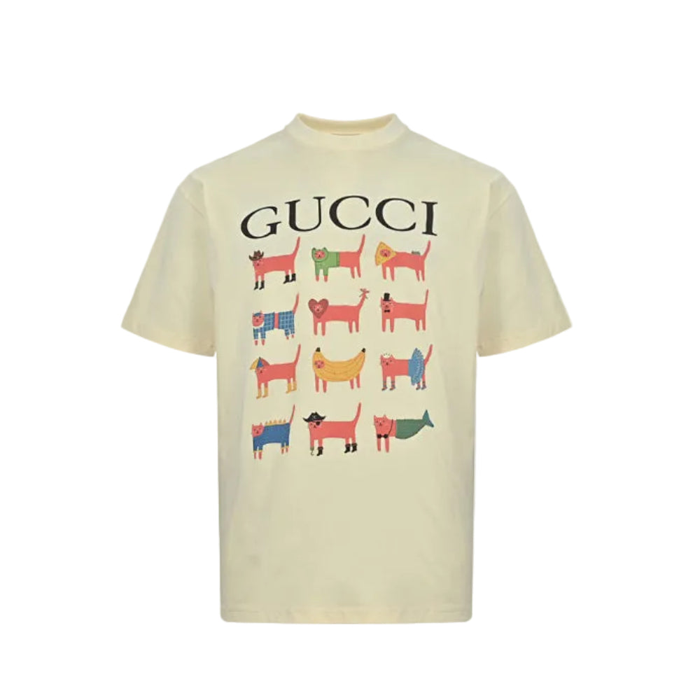 Gucci Butter Yellow Costumed Animal Grid Graphic Tee