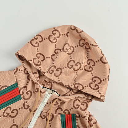Gucci Camel All-Over Monogram Print Hooded Zip Jacket with Heritage Stripe