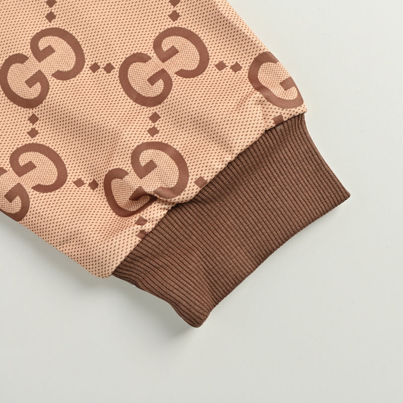 Gucci Camel All-Over Monogram Print Hooded Zip Jacket with Heritage Stripe