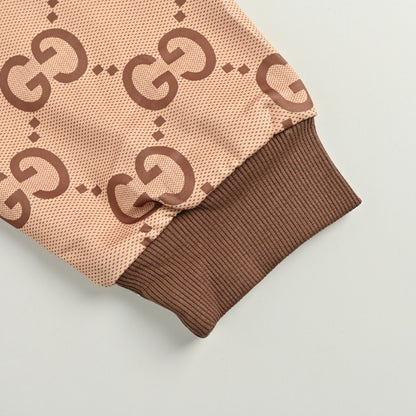 Gucci Camel All-Over Monogram Print Hooded Zip Jacket with Heritage Stripe