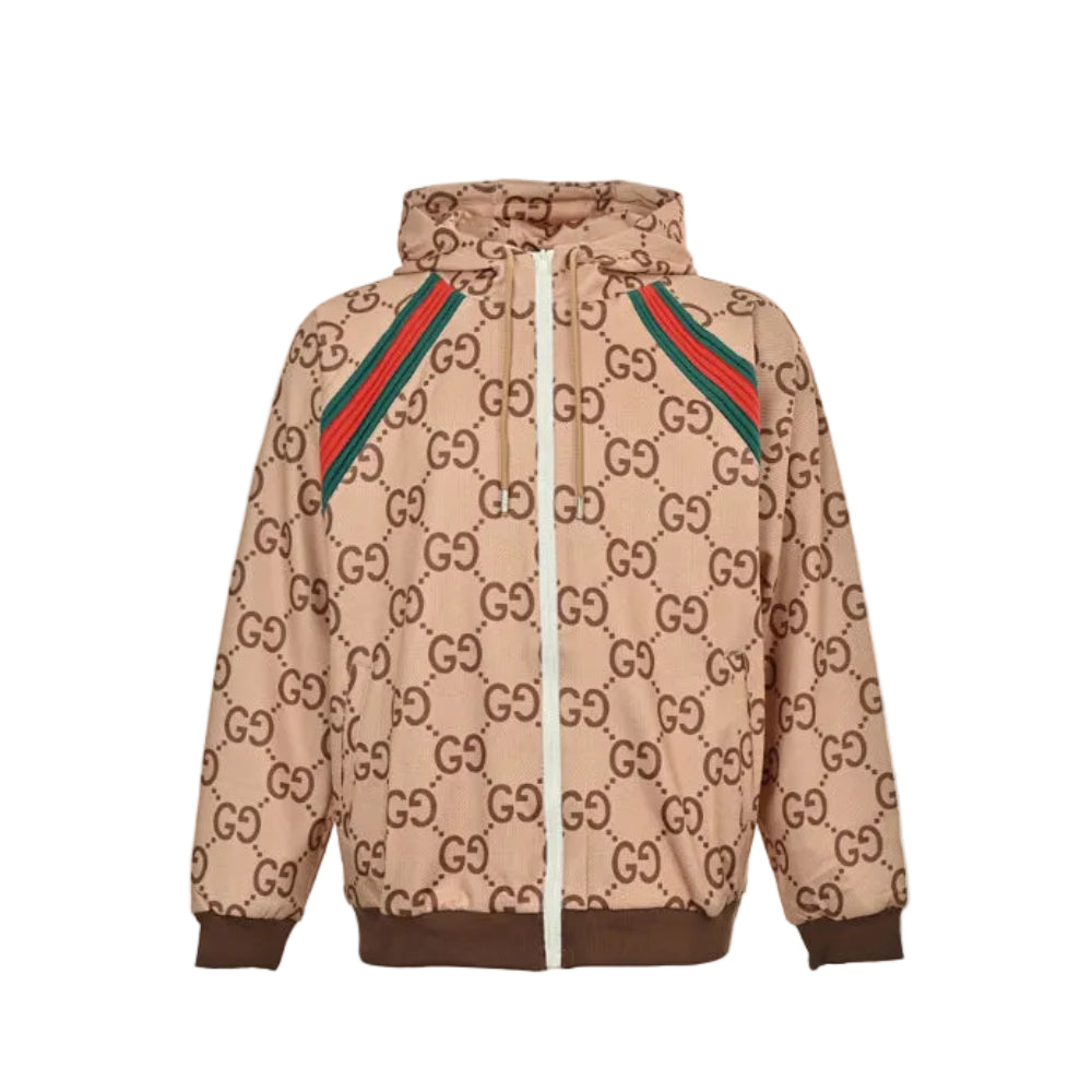 Gucci Camel All-Over Monogram Print Hooded Zip Jacket with Heritage Stripe
