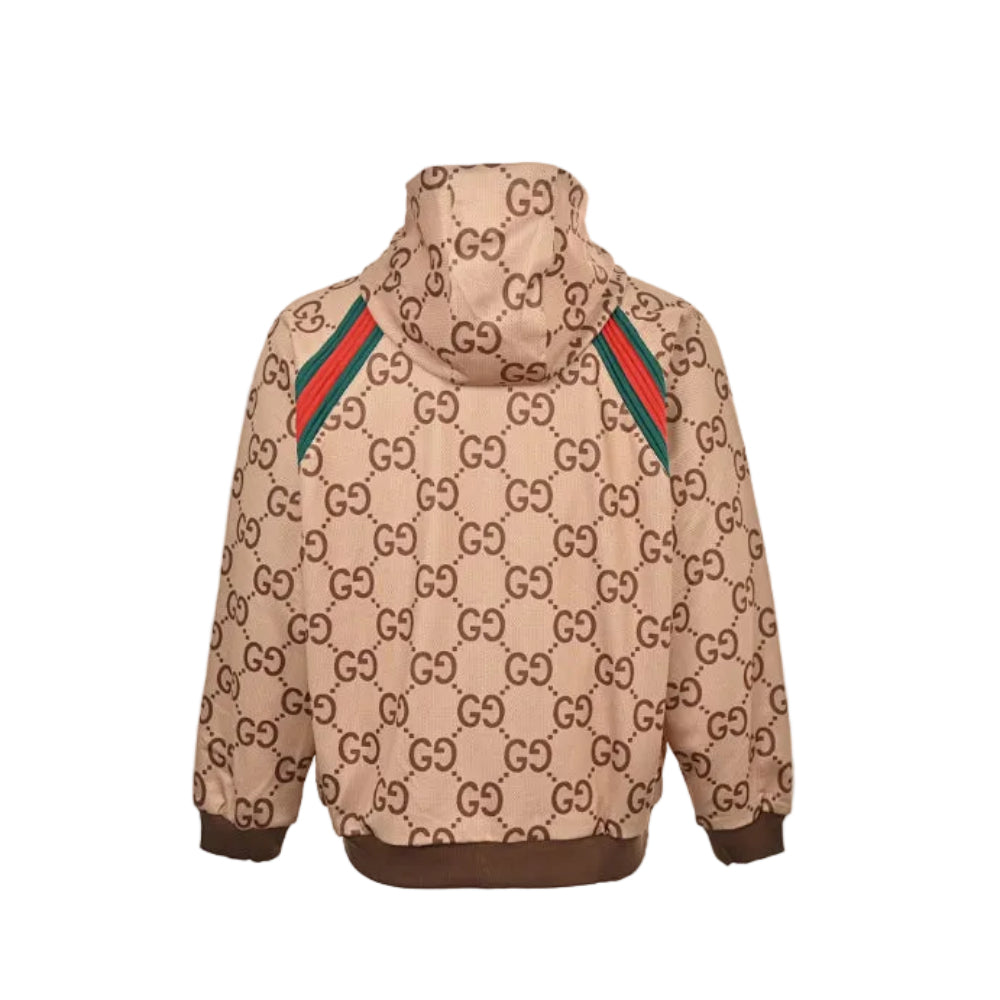 Gucci Camel All-Over Monogram Print Hooded Zip Jacket with Heritage Stripe