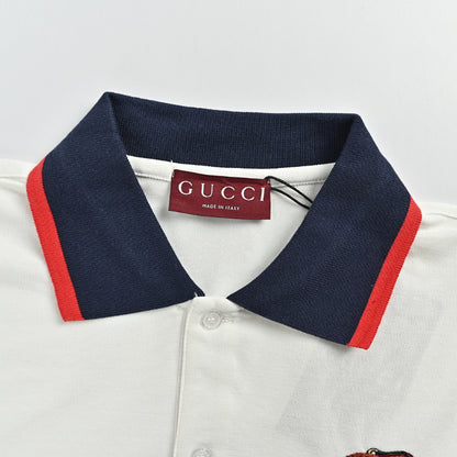 Gucci White Navy-Red Contrast Collar Horsebit GG Piqué Polo
