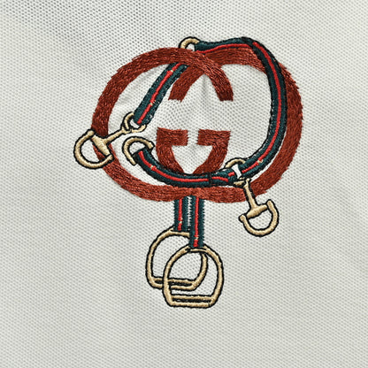 Gucci White Navy-Red Contrast Collar Horsebit GG Piqué Polo