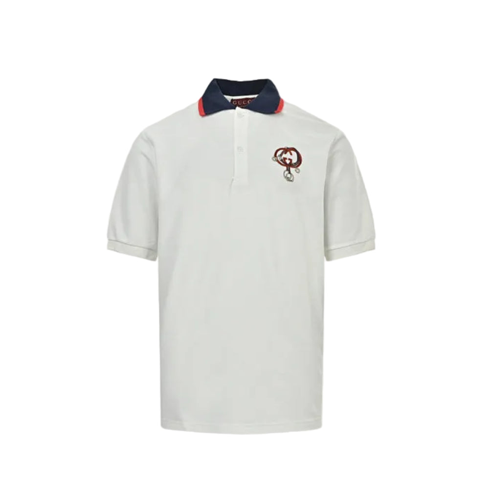 Gucci White Navy-Red Contrast Collar Horsebit GG Piqué Polo