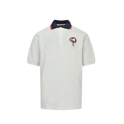 Gucci White Navy-Red Contrast Collar Horsebit GG Piqué Polo