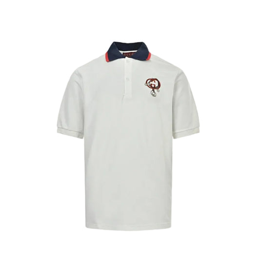 Gucci White Navy-Red Contrast Collar Horsebit GG Piqué Polo