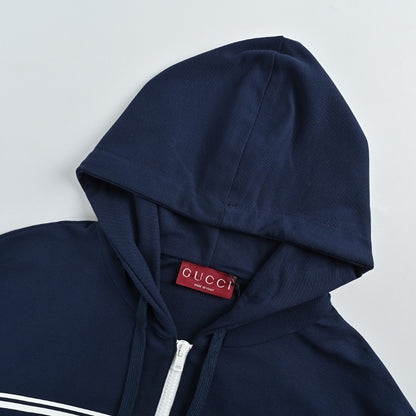 Gucci Navy Full-Zip Stripe Chest Wordmark Embroidered Hoodie