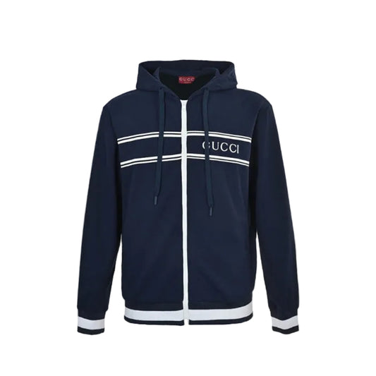 Gucci Navy Full-Zip Stripe Chest Wordmark Embroidered Hoodie