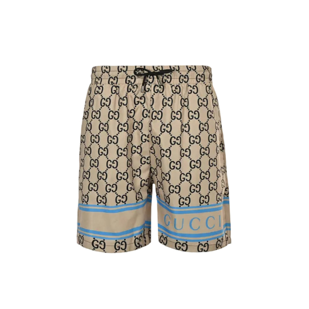 Gucci All-Over Dual-Letter Jacquard Swim Shorts – Sand / Blue Stripe Hem