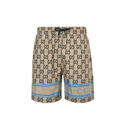 Gucci All-Over Dual-Letter Jacquard Swim Shorts – Sand / Blue Stripe Hem