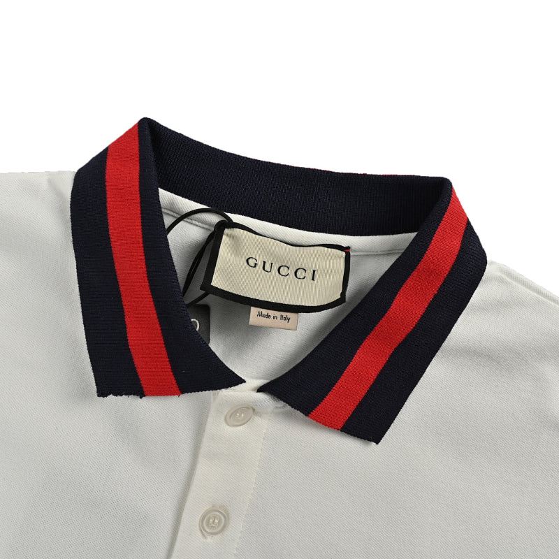 Gucci White Piqué Navy Red Stripe Collar Chest Pocket Polo Shirt