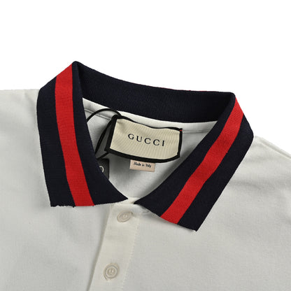 Gucci White Piqué Navy Red Stripe Collar Chest Pocket Polo Shirt