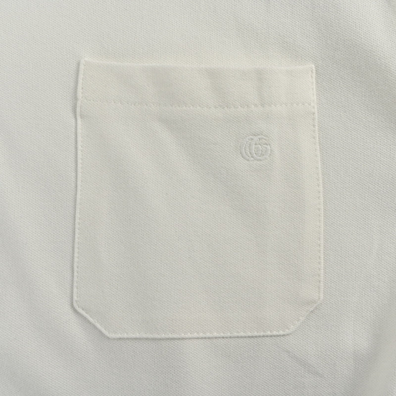 Gucci White Piqué Navy Red Stripe Collar Chest Pocket Polo Shirt