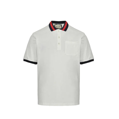 Gucci White Piqué Navy Red Stripe Collar Chest Pocket Polo Shirt