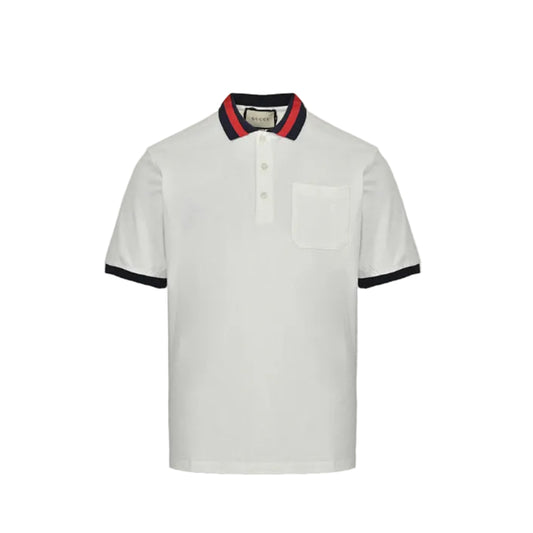 Gucci White Piqué Navy Red Stripe Collar Chest Pocket Polo Shirt