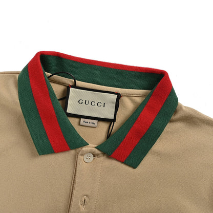 Gucci Beige Piqué Web Stripe Collar Chest Pocket Polo Shirt