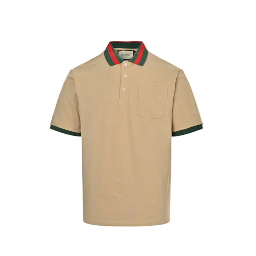 Gucci Beige Piqué Web Stripe Collar Chest Pocket Polo Shirt