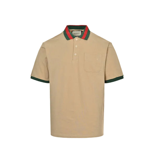 Gucci Beige Piqué Web Stripe Collar Chest Pocket Polo Shirt