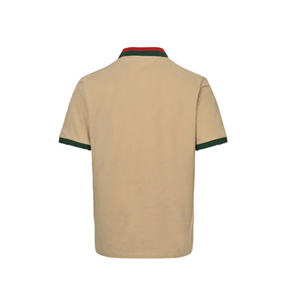 Gucci Beige Piqué Web Stripe Collar Chest Pocket Polo Shirt