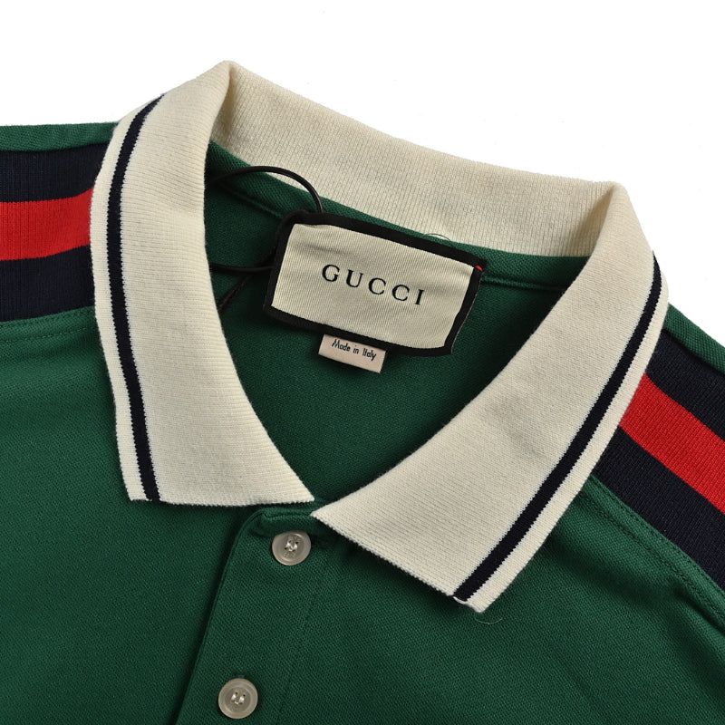 Gucci Green Piqué Shoulder Stripe GG Oval Badge Embroidered Chest Pocket Polo Shirt