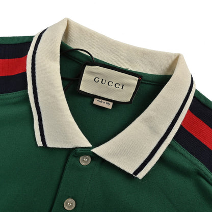 Gucci Green Piqué Shoulder Stripe GG Oval Badge Embroidered Chest Pocket Polo Shirt