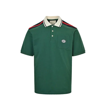 Gucci Green Piqué Shoulder Stripe GG Oval Badge Embroidered Chest Pocket Polo Shirt