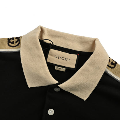 Gucci Black Piqué Contrast Collar GG Monogram Jacquard Shoulder Tape Polo Shirt