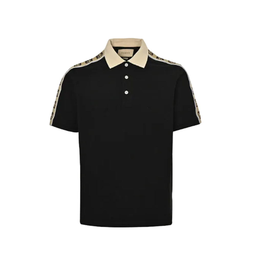 Gucci Black Piqué Contrast Collar GG Monogram Jacquard Shoulder Tape Polo Shirt