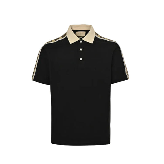 Gucci Black Piqué Contrast Collar GG Monogram Jacquard Shoulder Tape Polo Shirt
