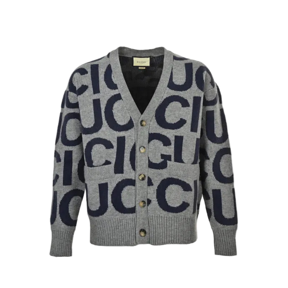 Gucci Grey Oversized Letter Jacquard V-Neck Knit Cardigan