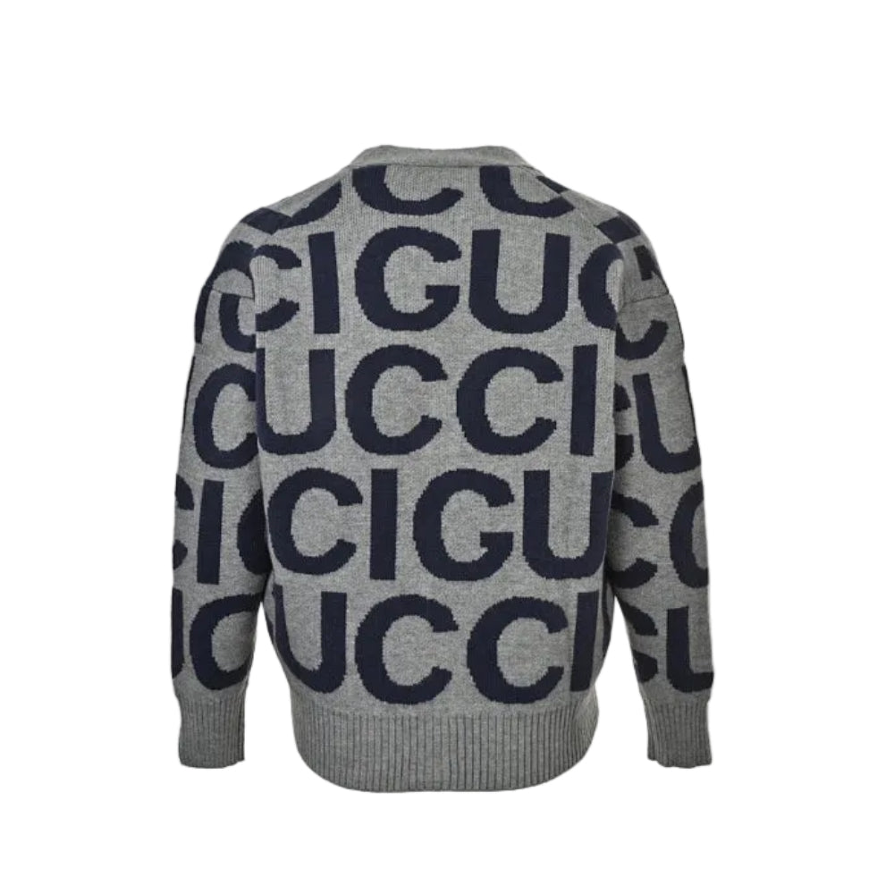 Gucci Grey Oversized Letter Jacquard V-Neck Knit Cardigan
