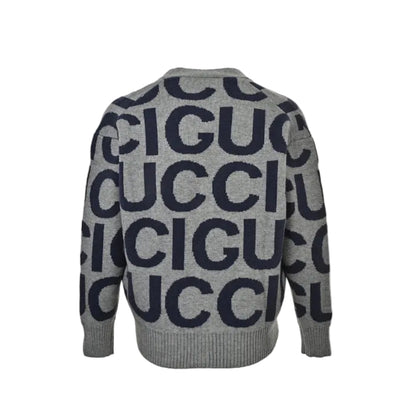 Gucci Grey Oversized Letter Jacquard V-Neck Knit Cardigan