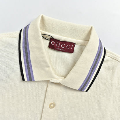Gucci Ivory Purple-Stripe Collar Piqué Polo Shirt