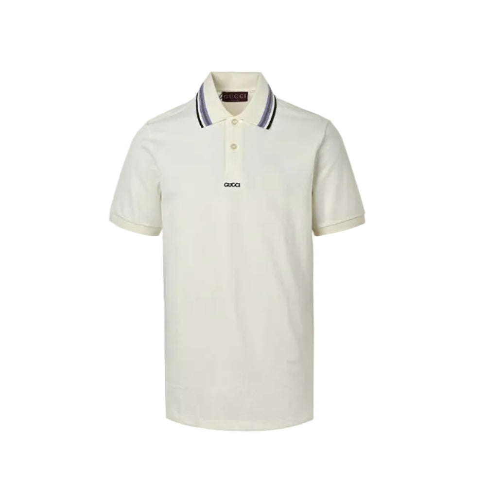 Gucci Ivory Purple-Stripe Collar Piqué Polo Shirt