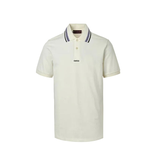 Gucci Ivory Purple-Stripe Collar Piqué Polo Shirt