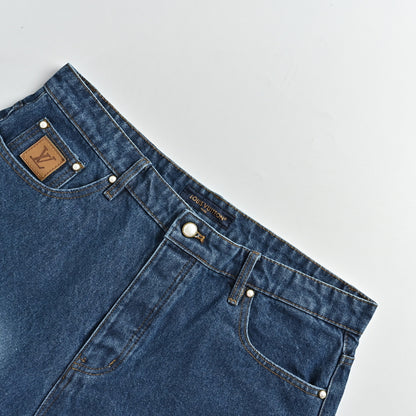 Louis Vuitton Leather Patch Washed Denim Shorts — Indigo Blue