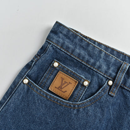 Louis Vuitton Leather Patch Washed Denim Shorts — Indigo Blue