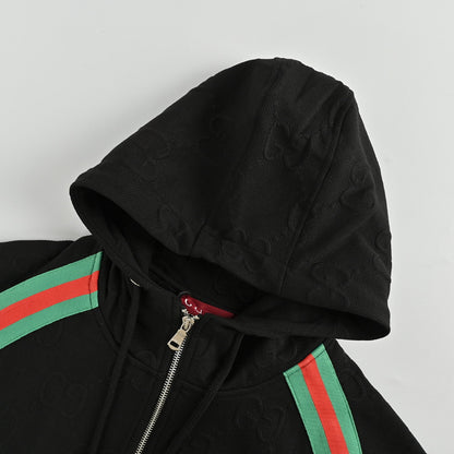 Gucci Black Heavyweight Hooded Full-Zip Jacket with Shoulder Heritage Stripe