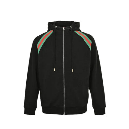 Gucci Black Heavyweight Hooded Full-Zip Jacket with Shoulder Heritage Stripe