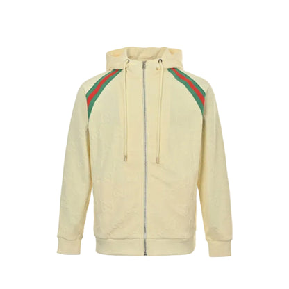 Gucci Ivory Heavyweight Hooded Full-Zip Jacket with Shoulder Heritage Stripe