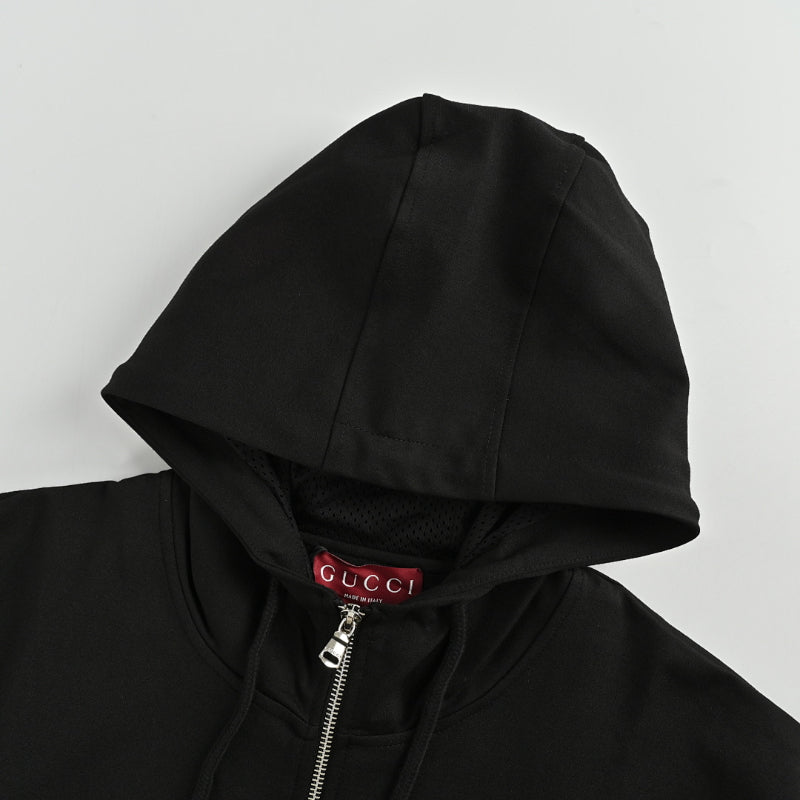 Gucci Black Hooded Full-Zip Jacket with Heritage Stripe Pockets and Cuffs