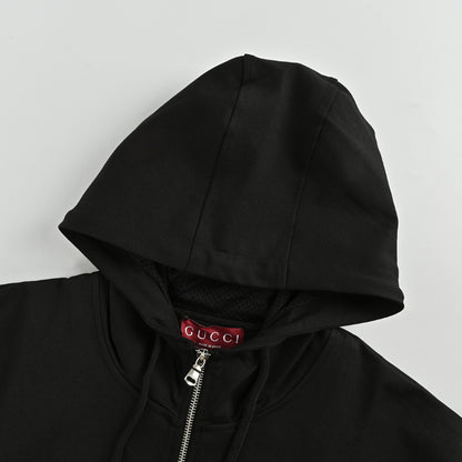 Gucci Black Hooded Full-Zip Jacket with Heritage Stripe Pockets and Cuffs