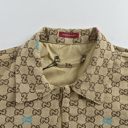 Gucci Beige Monogram Jacquard Full-Zip Spread Collar Overshirt Jacket
