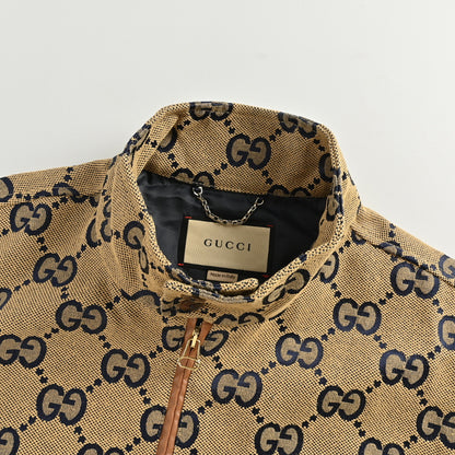 Gucci Camel All-Over Monogram Harrington Jacket with Ribbed Cuffs