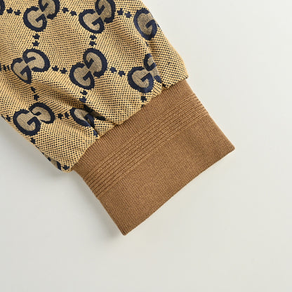 Gucci Camel All-Over Monogram Harrington Jacket with Ribbed Cuffs